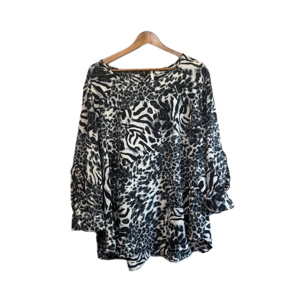 EST. 1946 Mixed Animal Print Blouse Womens 22/24W Black Grey Excellent Ruffle